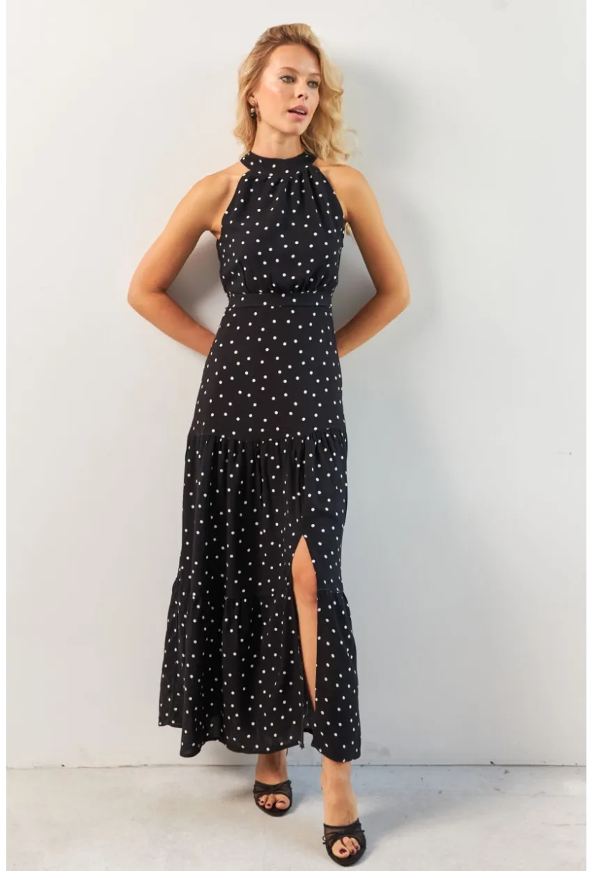 Kadın Siyah Yırtmaçlı Puantiyeli Midi Elbise KED4233