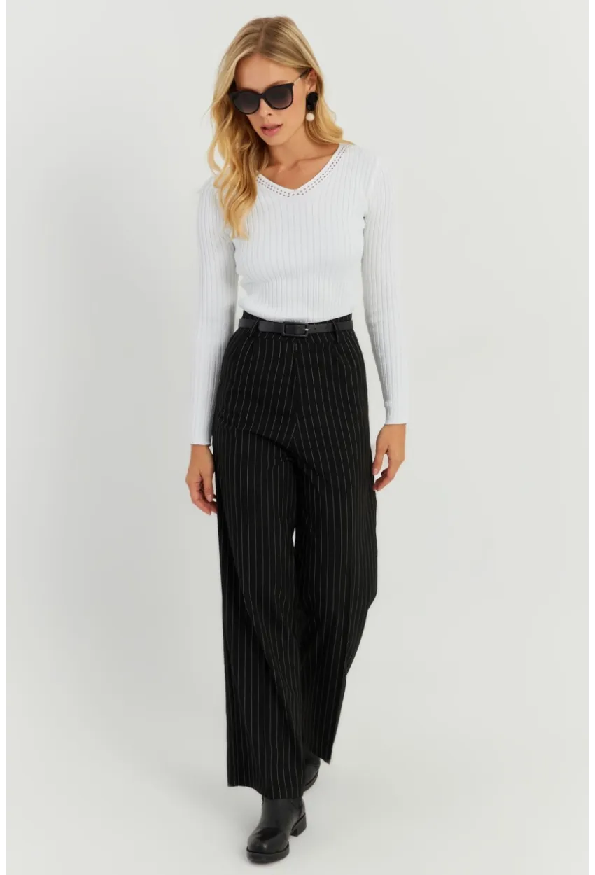 Kadın Siyah Yüksek Bel Çizgili Pantolon ELA108