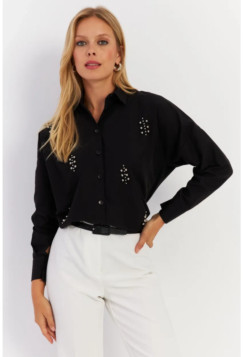 Kadın Siyah Zımbalı Gömlek MASF1