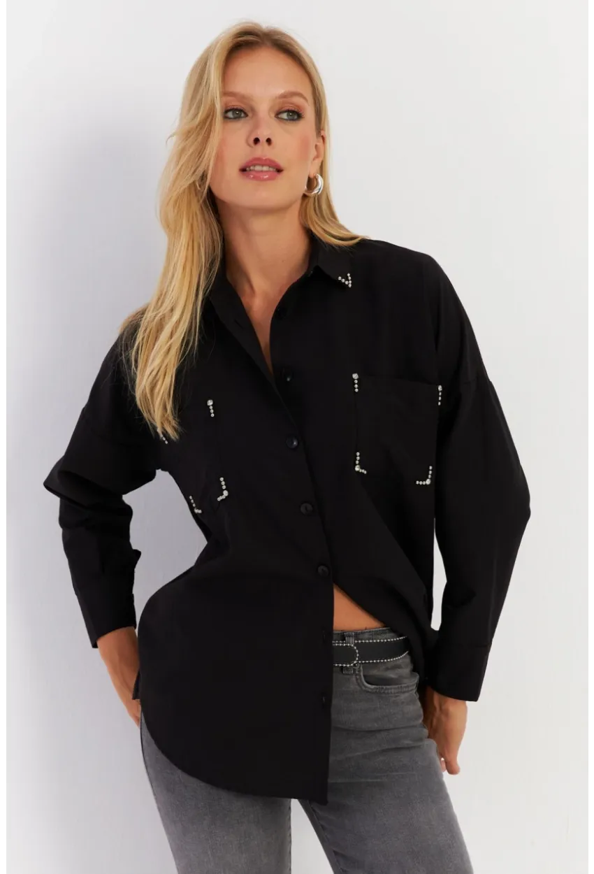 Kadın Siyah Zımbalı Gömlek MASF2