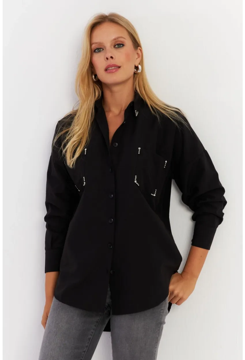 Kadın Siyah Zımbalı Gömlek MASF2