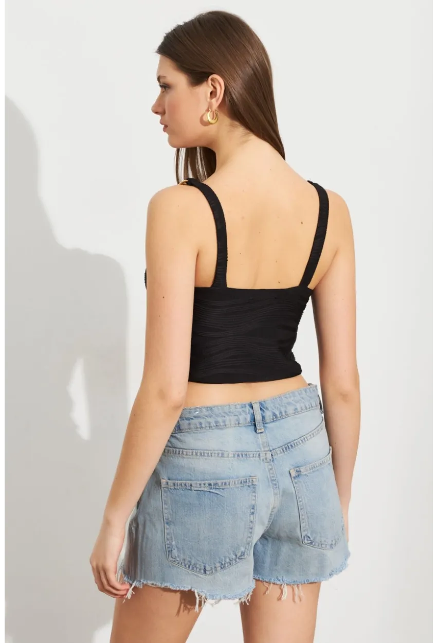 Kadın Siyah Zincir Askılı Astarlı Crop Bluz LİT109