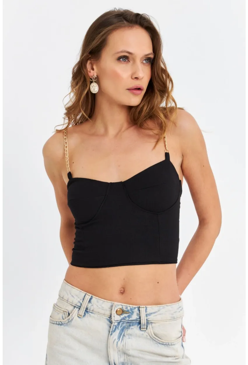 Kadın Siyah Zincir Askılı Crop Bluz LİT100