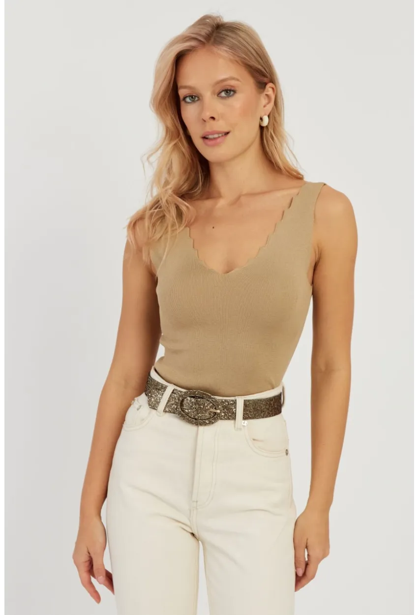 Kadın Sütlü Kahve Merdiven Yaka Triko Bluz YV83