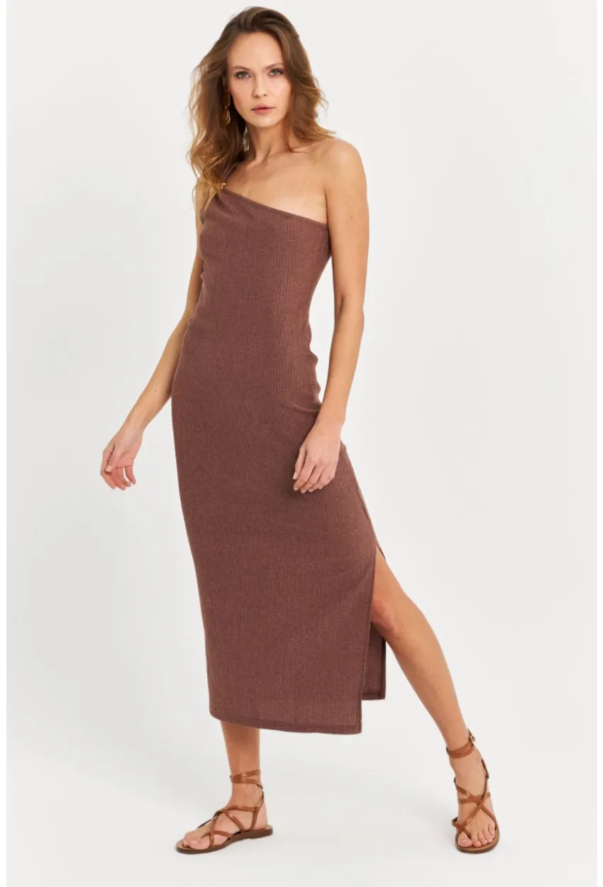 Kadın Sütlü Kahve Omuz Aksesuarlı Kolsuz Midi Elbise MOD2400