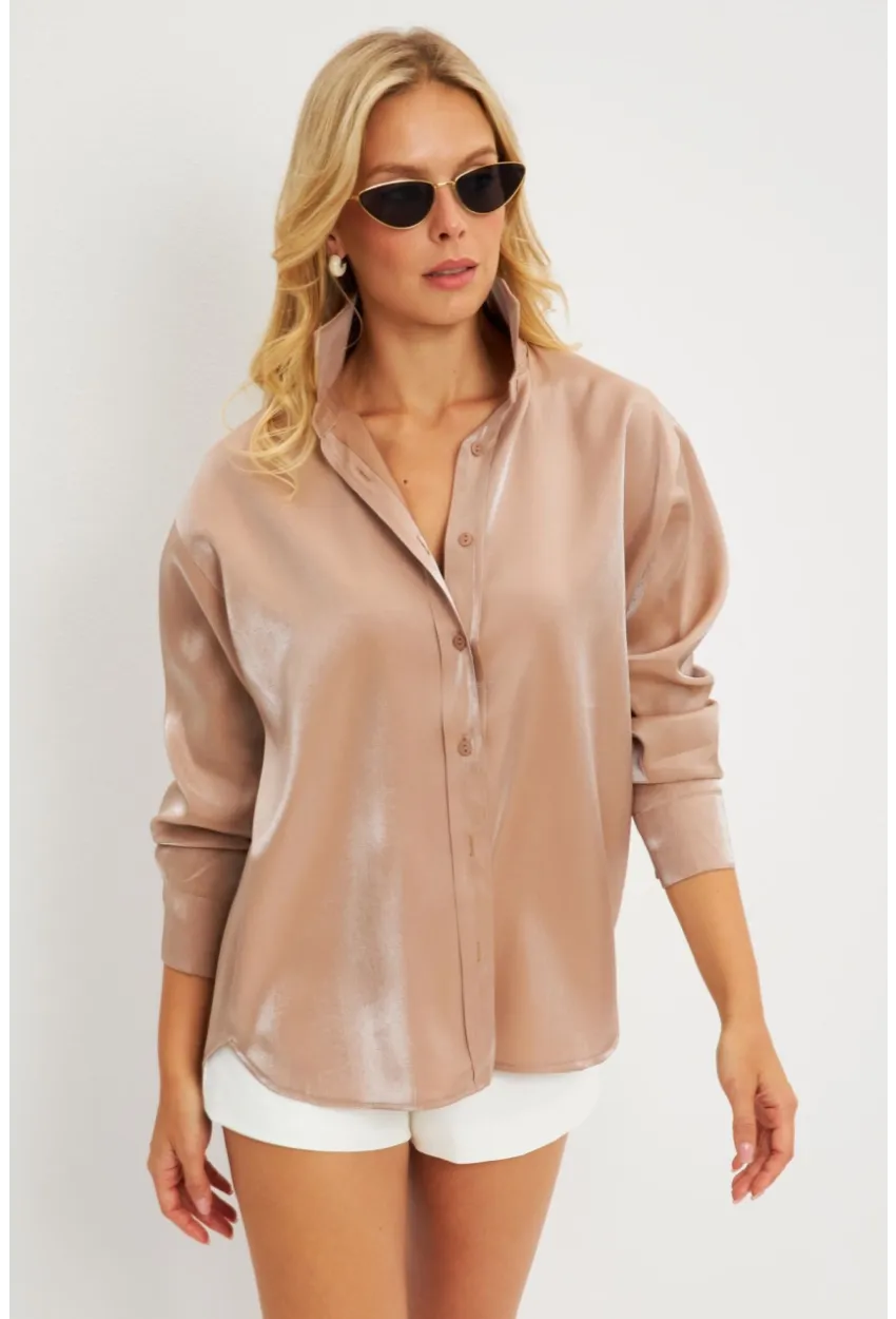 Kadın Sütlü Kahve Parlak Gömlek MQRS8022
