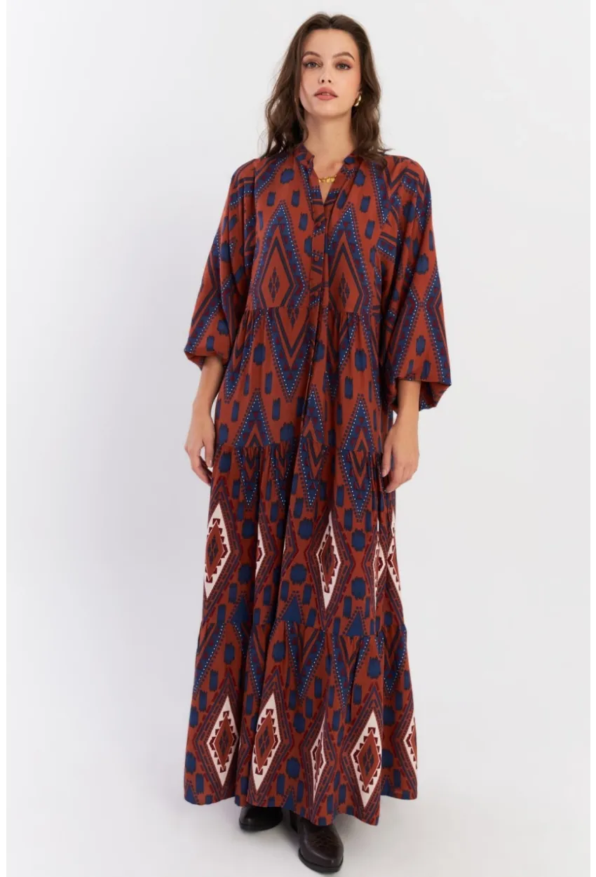 Kadın Taba Desenli Volanlı Maxi Dokuma Elbise ALO339