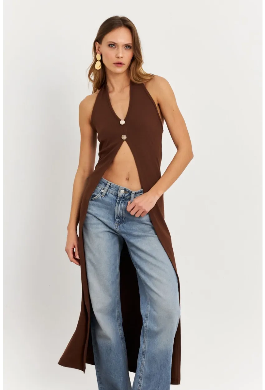 Kadın Taba Düğme Detaylı Uzun Yelek EY3048