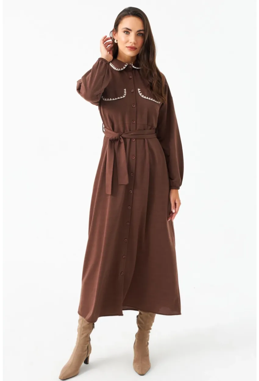 Kadın Taba Kemerli Maxi Gömlek Elbise MASF17