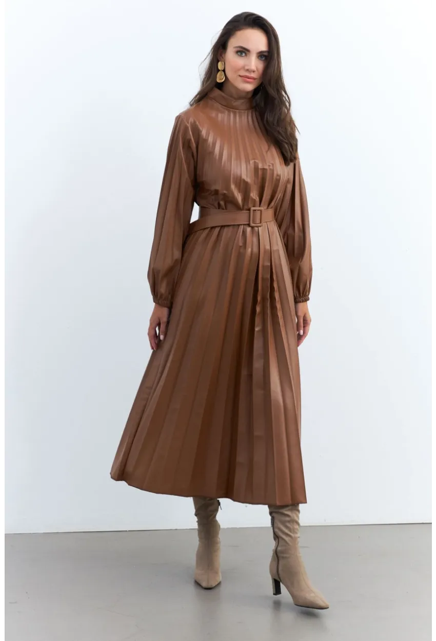 Kadın Taba Pileli Kemerli Maxi Elbise MALZ99