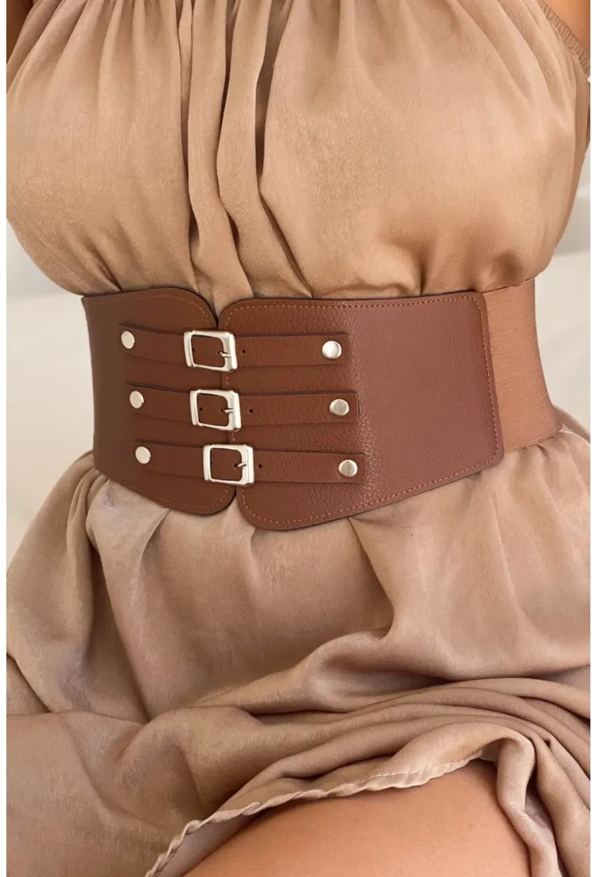 Kadın Taba Üç Tokalı Lastikli Korse Kemer BE642