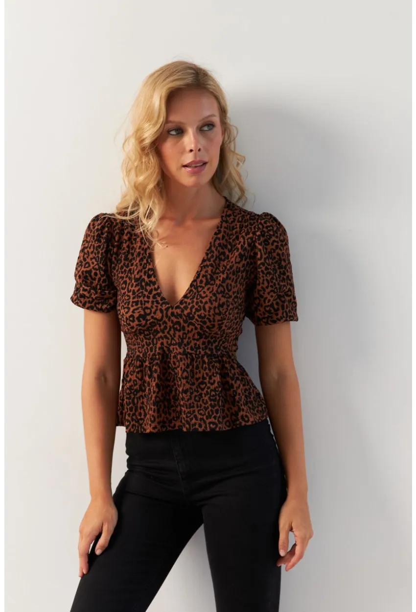Kadın Taba V Yaka Desenli Bluz KAZ21