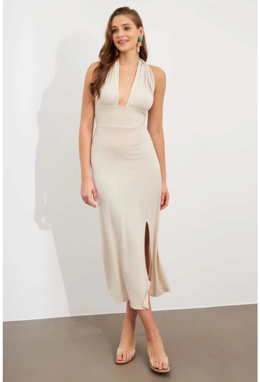 Kadın Taş Bağlamalı Sırt Dekolteli Maxi Elbise UG2003