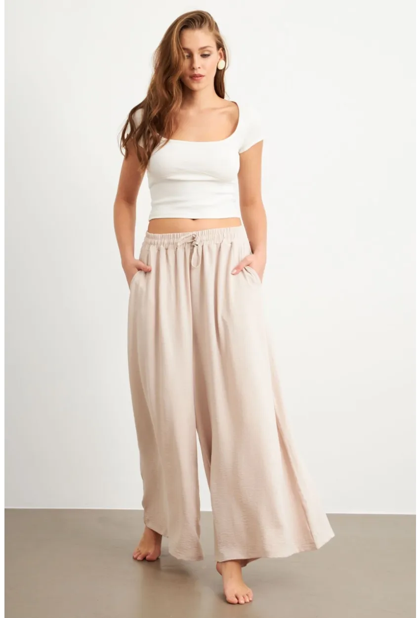 Kadın Taş Beli Lastikli Cepli Palazzo Pantolon Sİ1155