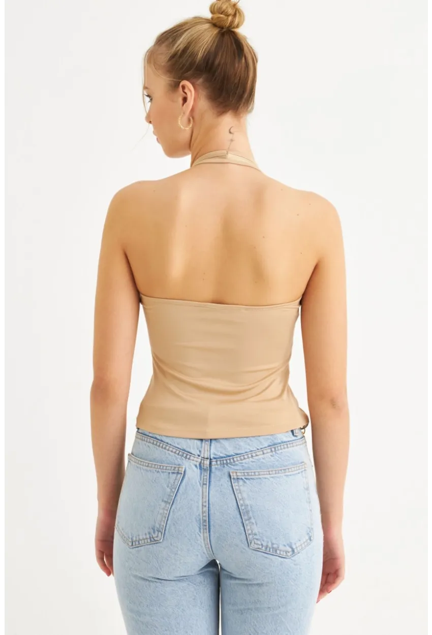 Kadın Taş Boyun Askılı Crop Bluz TF69