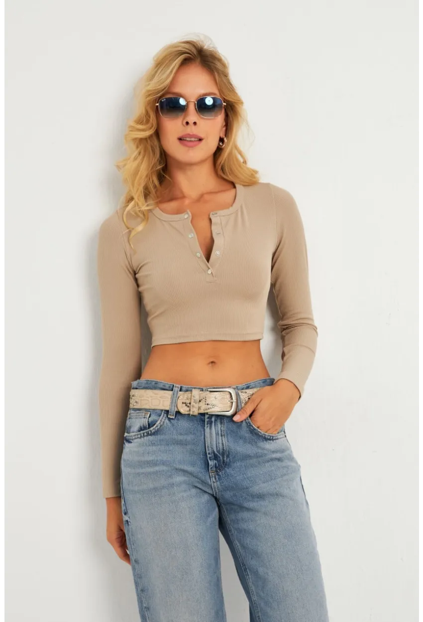 Kadın Taş Çıtçıtlı Crop Bluz CG379