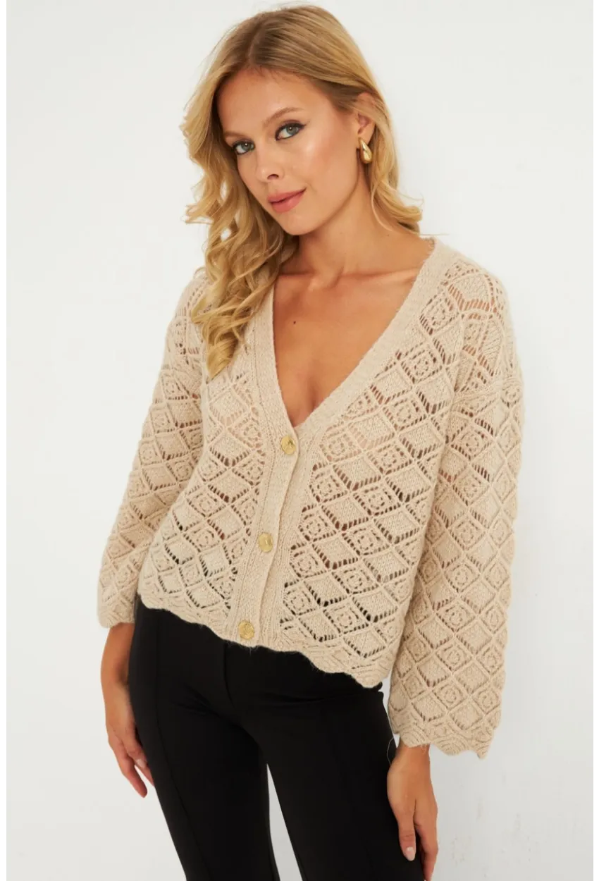 Kadın Taş Düğme Detaylı Hırka YV276