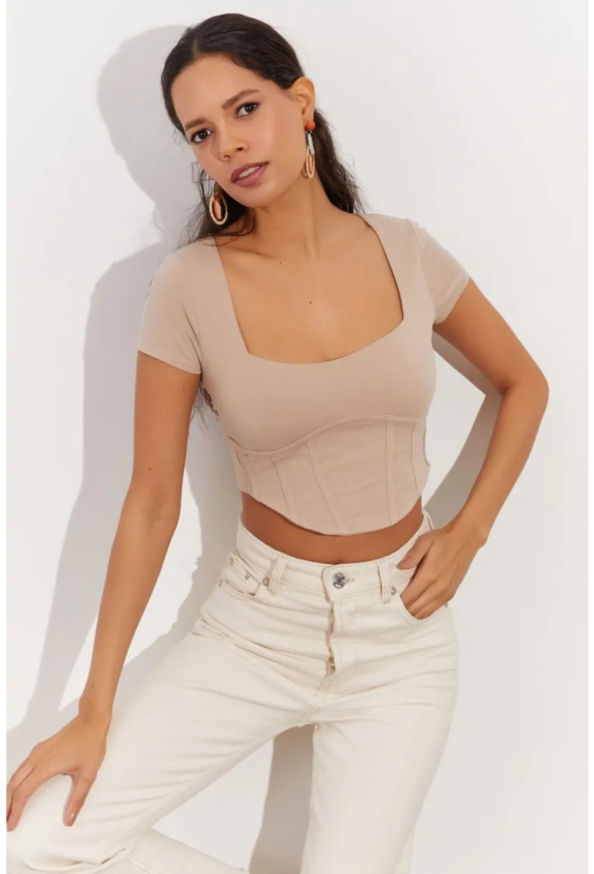Kadın Taş Kare Yaka Crop Bluz RX420