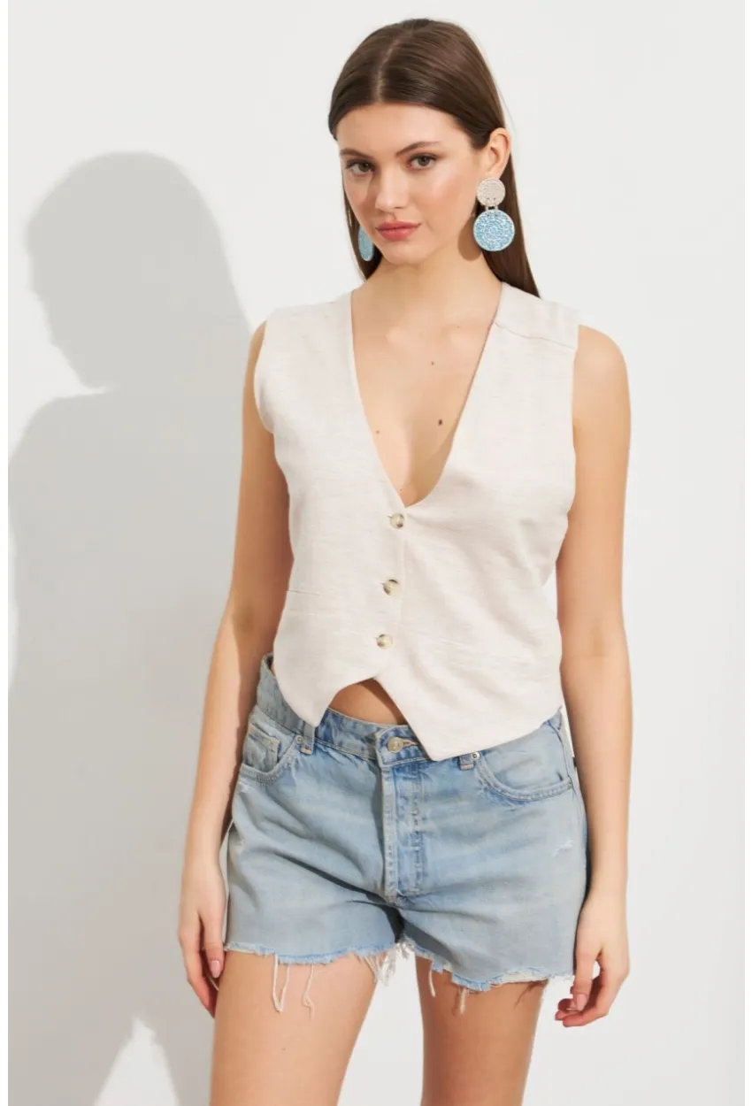 Kadın Taş Keten Yelek ELT1040