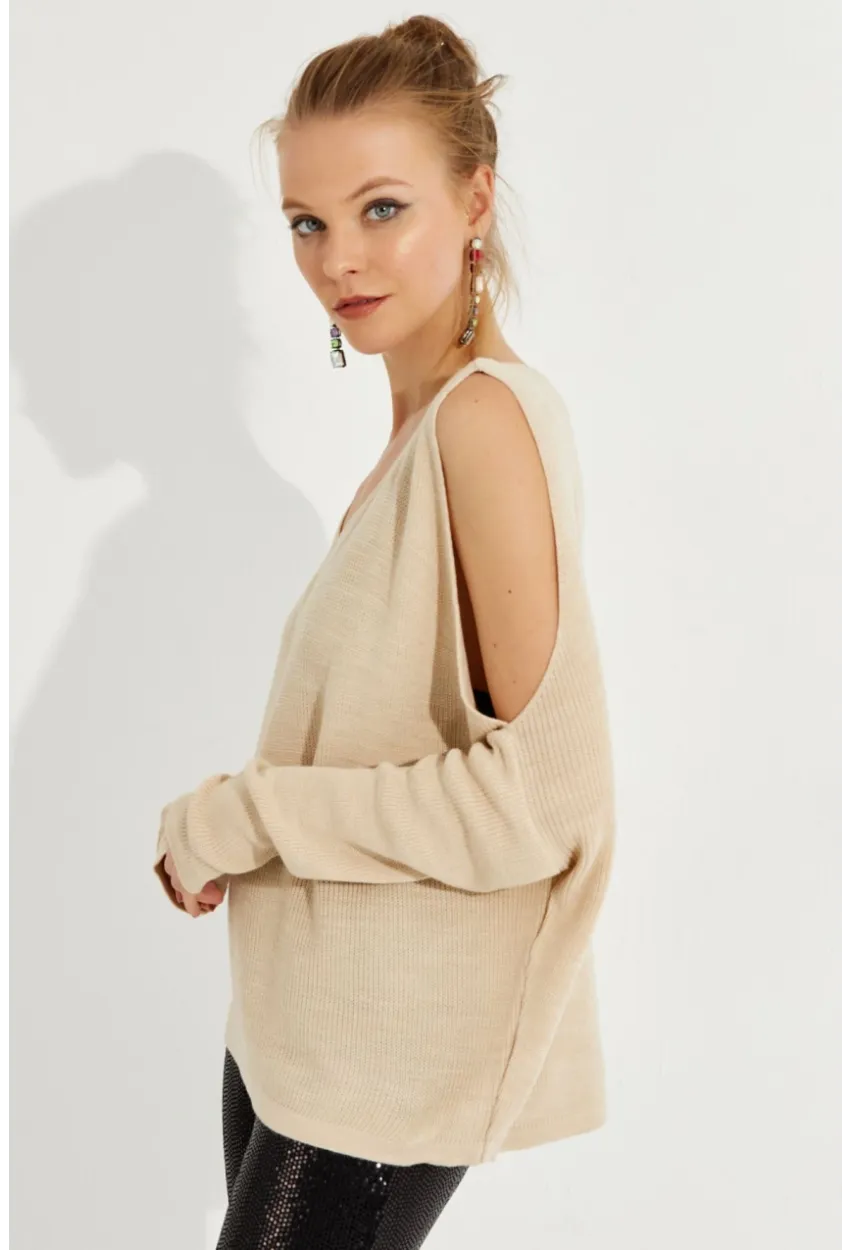 Kadın Taş Kolu Yırtmaçlı Triko Bluz SMT221