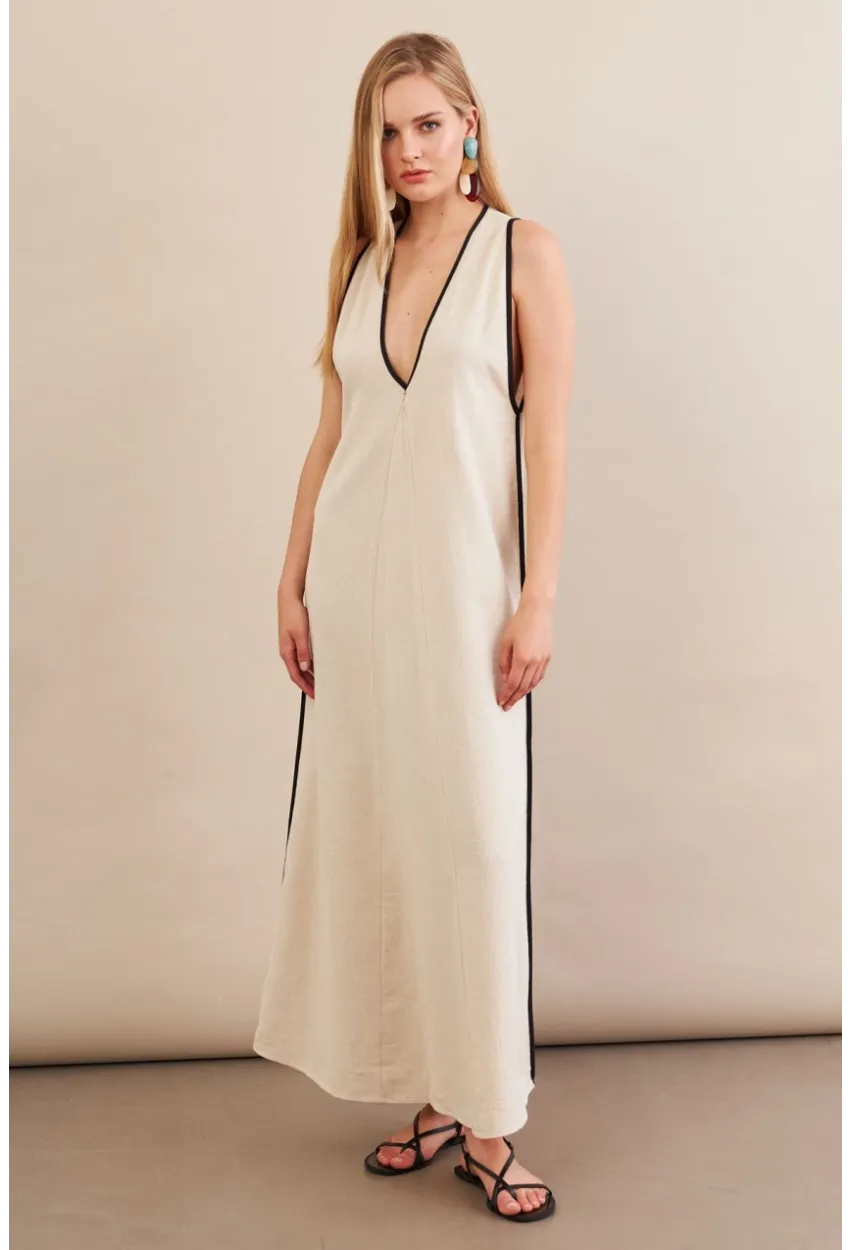 Kadın Taş Kontrast Çizgili Maxi Keten Elbise MSİ101