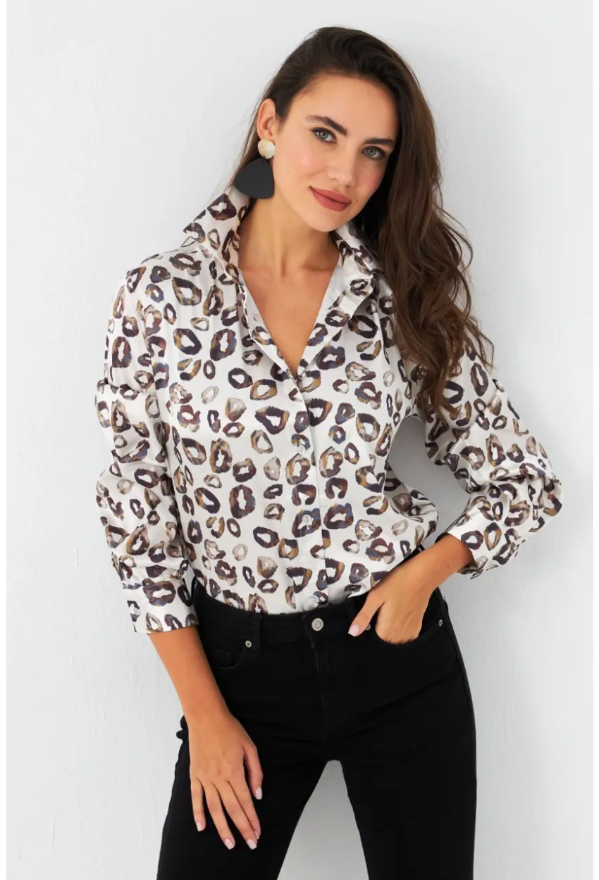 Kadın Taş Leopar Desenli Saten Gömlek SHR9