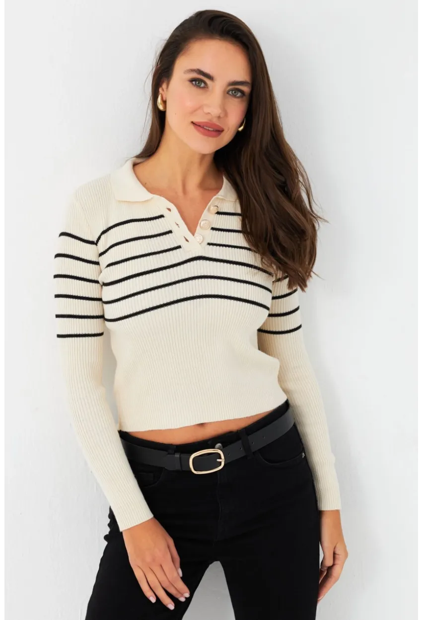Kadın Taş Polo Yaka Çizgili Triko Bluz MK65
