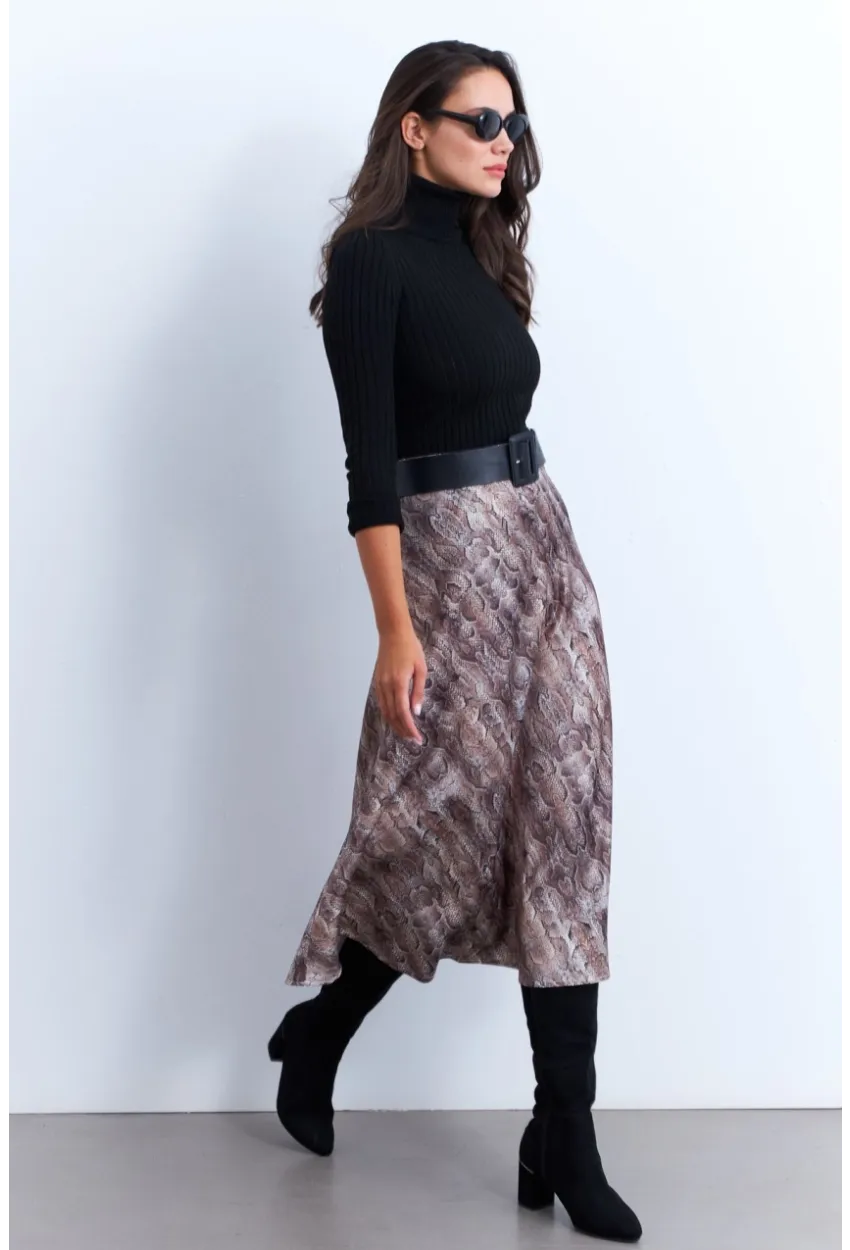 Kadın Taş-Siyah Yılan Desenli Saten Çan Etek ELT161