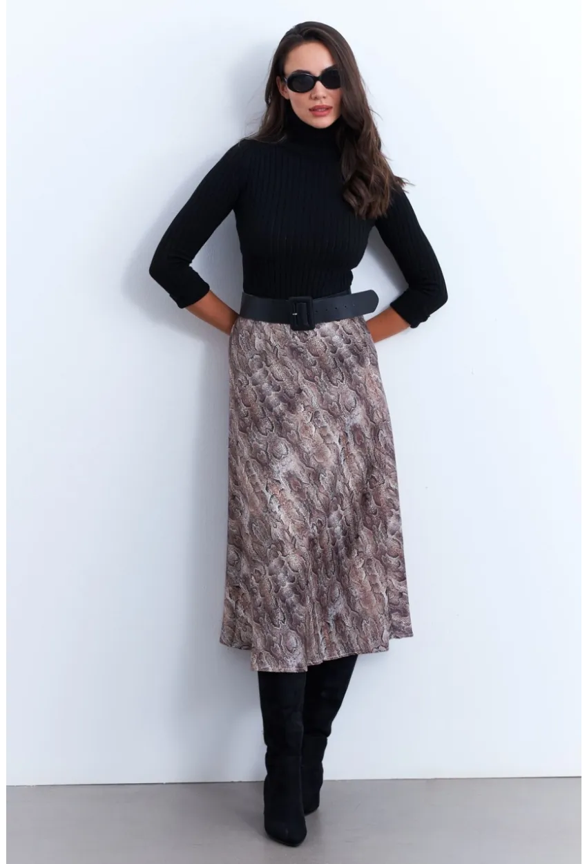 Kadın Taş-Siyah Yılan Desenli Saten Çan Etek ELT161