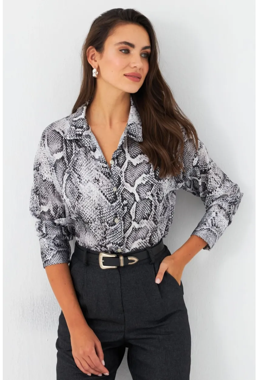 Kadın Taş-Siyah Yılan Desenli Saten Gömlek SHR9