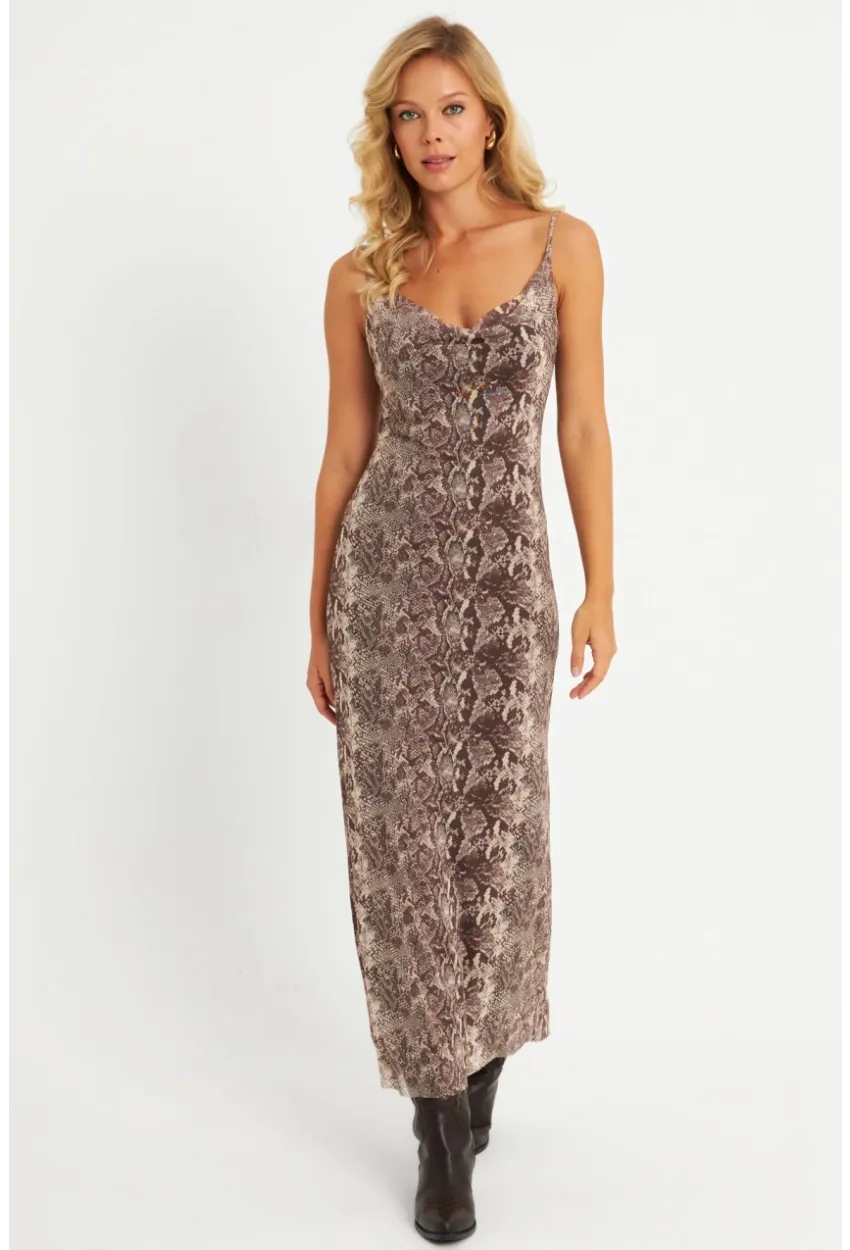 Kadın Taş Yılan Desenli Astarlı Midi Yılbaşı Elbise GÇ180