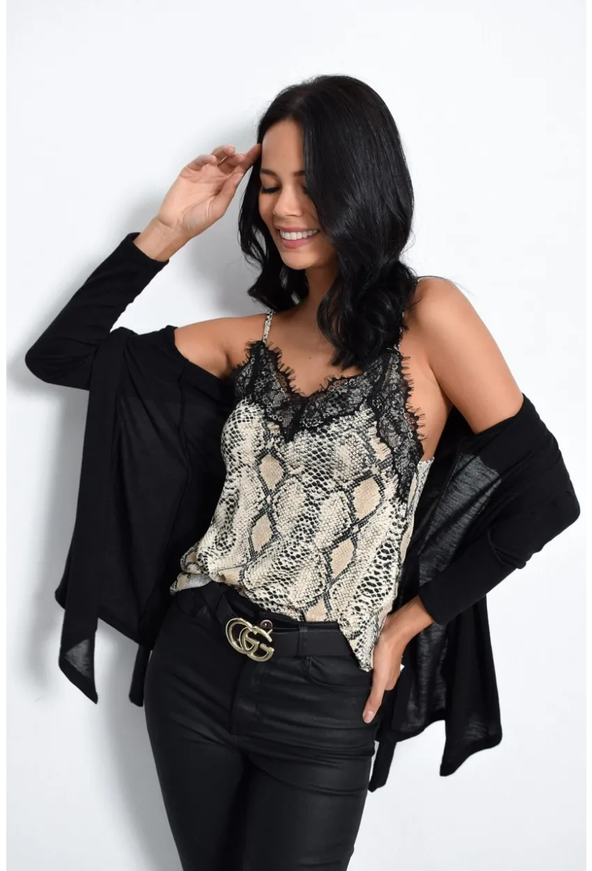 Kadın Taş Yılan Desenli Dantelli Atlet