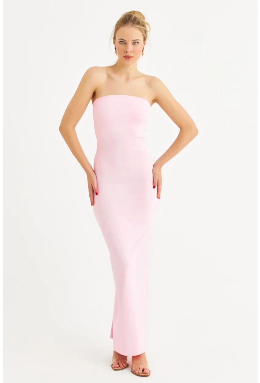 Kadın Toz Pembe Straplez Yırtmaçlı Midi Elbise XC005