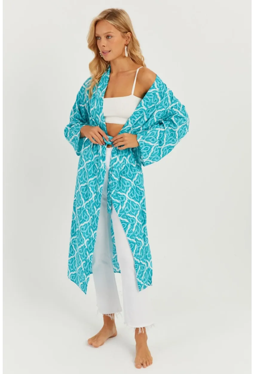Kadın Turkuaz Desenli Kimono GÇ155