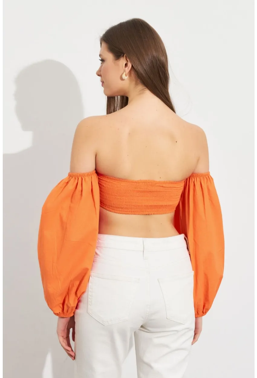 Kadın Turuncu Balon Kol Crop Bluz ROP111