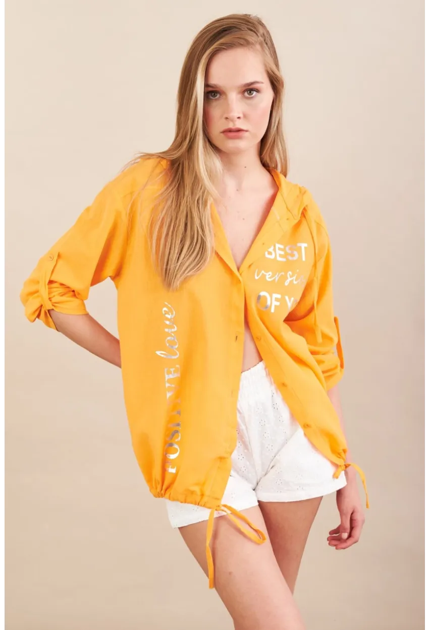 Kadın Turuncu Baskılı Kapüşonlu Gömlek MPC308