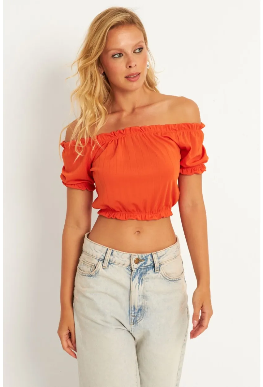 Kadın Turuncu Büzğülü Crop Bluz KAZ13