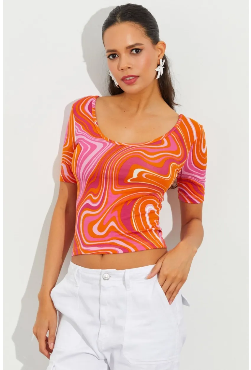 Kadın Turuncu Desenli Bluz LPP1224