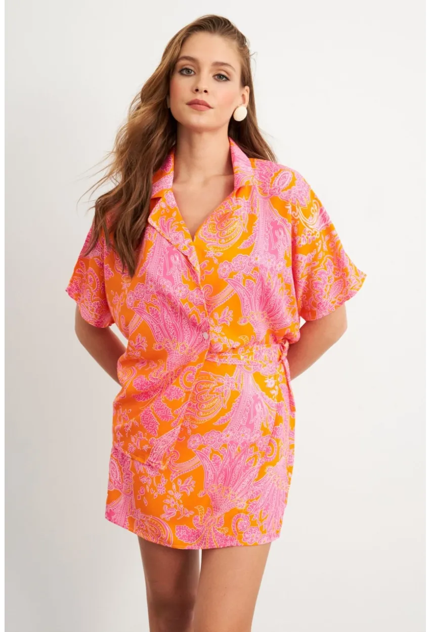 Kadın Turuncu Desenli Gömlek Şort Takım Q1007