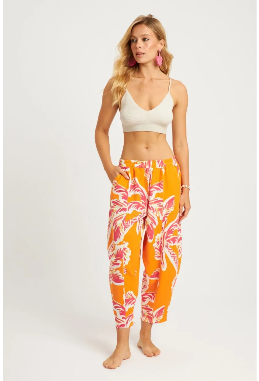 Kadın Turuncu Desenli Keten Şalvar Pantolon K1253