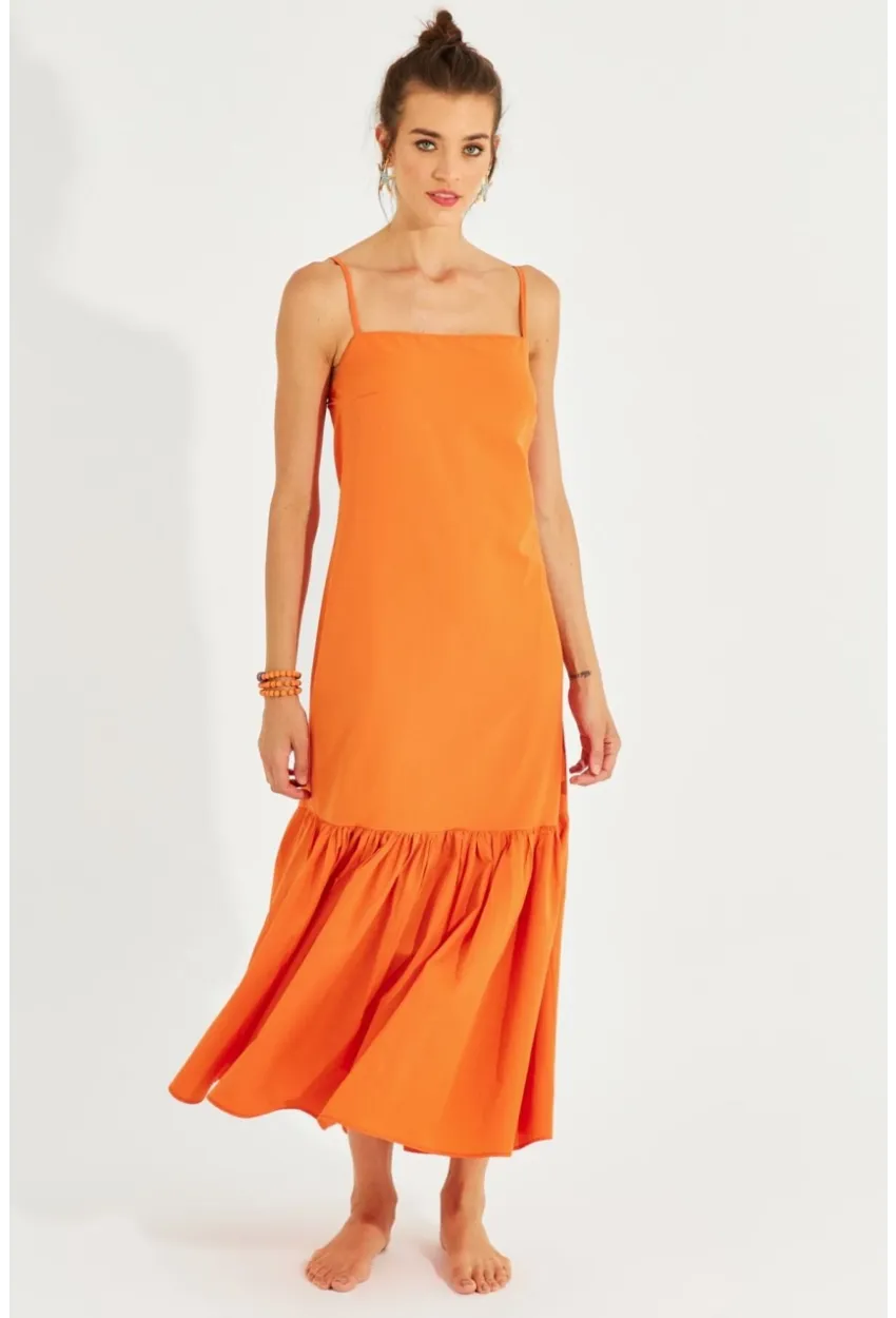 Kadın Turuncu Eteği Volanlı Askılı Midi Elbise MEN2001