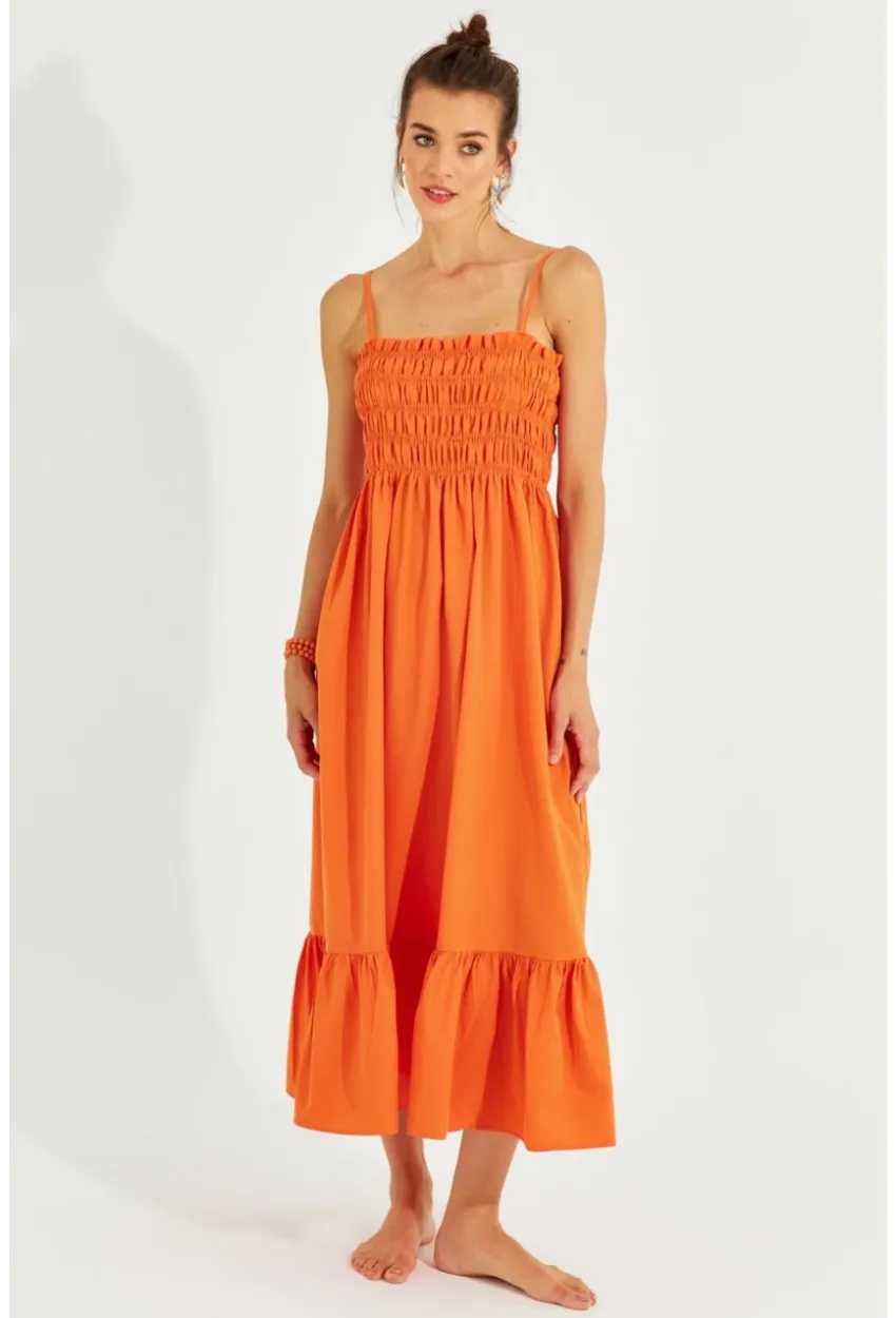 Kadın Turuncu Gipeli Askılı Midi Elbise MEN2000