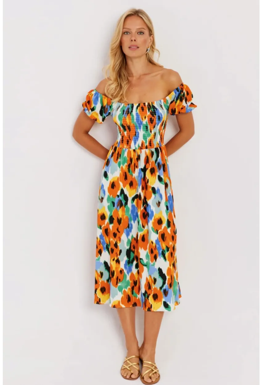 Kadın Turuncu Gipeli Desenli Midi Elbise MON126