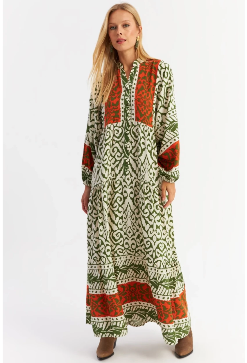 Kadın Turuncu-Haki Volanlı Maxi Elbise MALO11