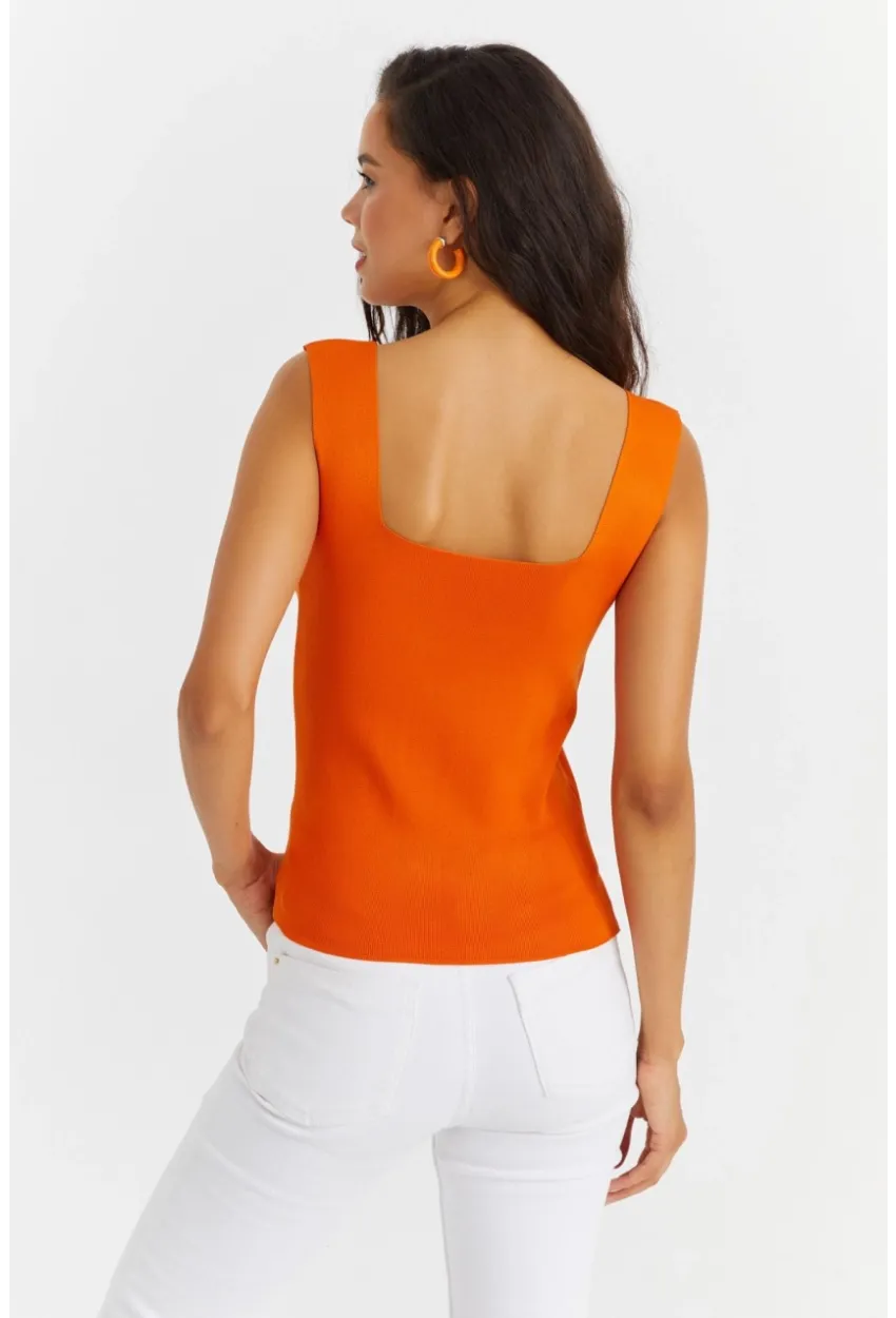 Kadın Turuncu Kare Yaka Triko Bluz YV87