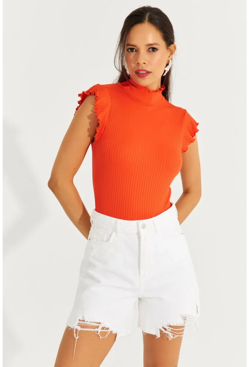 Kadın Turuncu Kolları Fırfırlı Fitilli Bluz TH1092