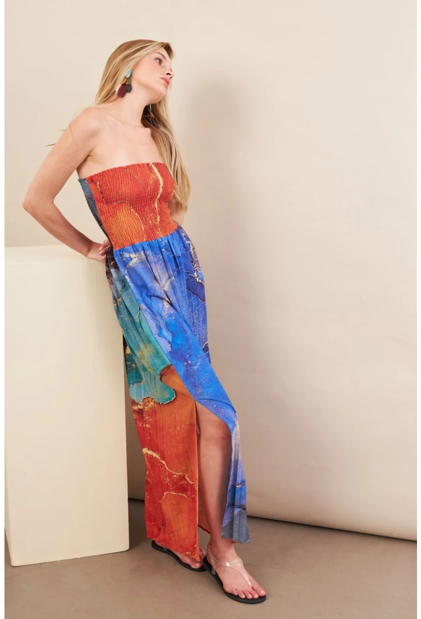 Kadın Turuncu-Mavi Straplez Pilise Uzun Elbise MSİ100