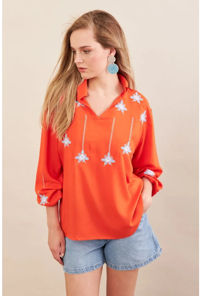 Kadın Turuncu Nakışlı Bluz MPC1345