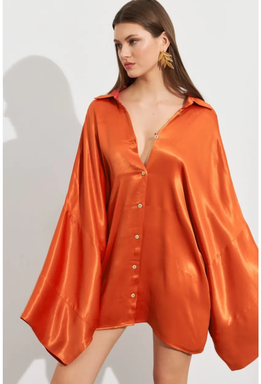 Kadın Turuncu Oversize Gömlek ROP106
