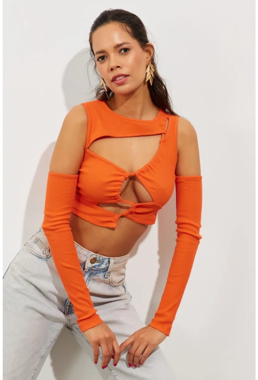 Kadın Turuncu Pencereli Kaşkorse Crop Bluz B2403
